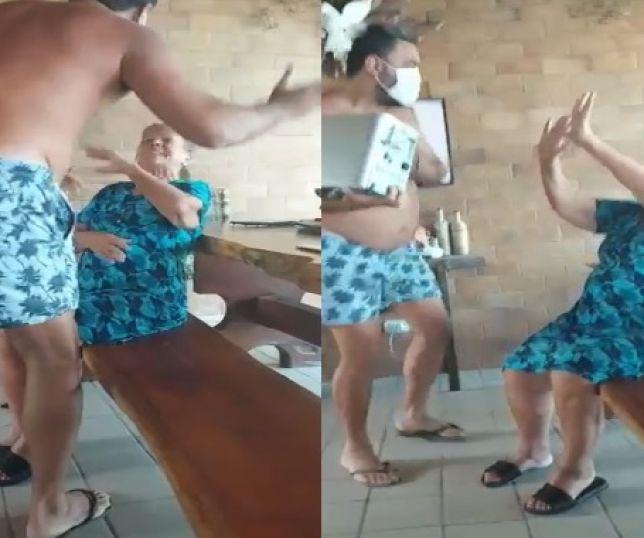 COVARDIA! VÍDEO MOSTRA O MOMENTO EM QUE HOMEM BATE NA PRÓPRIA MÃE
