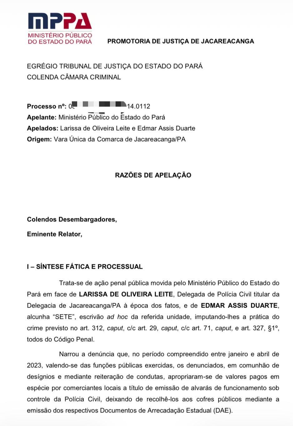 Parte da apelação do MPPA promotoria de Jacareacanga