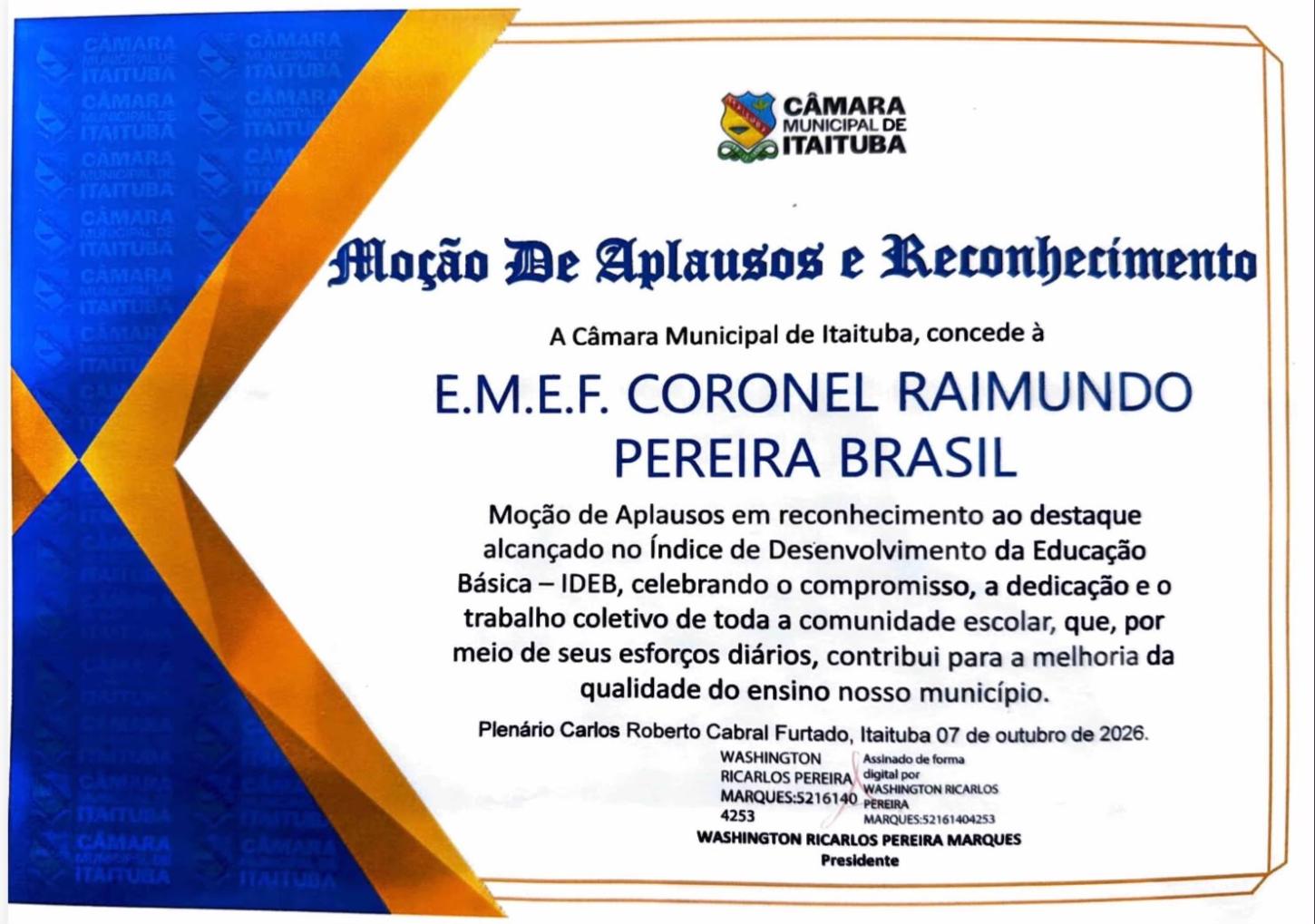 Moção de aplausos - honra e merecimento